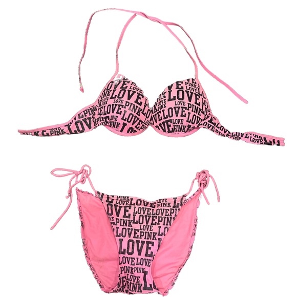 PINK VICTORIAS SECRET hot pink and black printed LOVE and PINK words, size SMALL - Picture 2 of 5